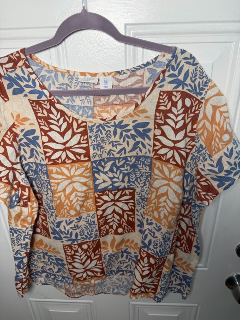 Sigrid Olsen Short-Sleeve Patchwork Leaf Top - Blue, Rust & Tan